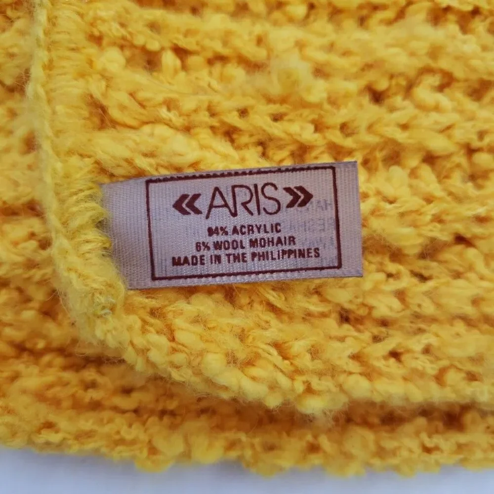 Vtg 90s ARIS Knits Scarf Bright Yellow Acrylic Wool Mohair Blend 70x8 Hufflepuff
